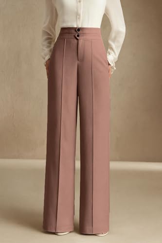 Image of SAKHWALA Women's High Waist Wide Leg Formal Trousers with Double Button Waistband | Office Wear & Casual Wear Pants with Side Pockets - Beige, Grey & Pink