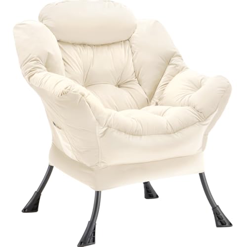 Youtanic Lazy Chair Thick Padded, Comfy Velvet Accent Lounge Chair with Stable Frame, Leisure Sofa Armchair with Armrests and Side Pocket, Reading Chair for Bedroom, Living Room, Office, Beige