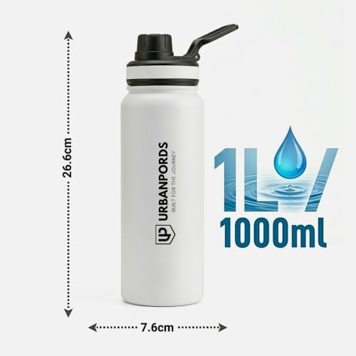 Image of 1L Stainless Steel Water Bottle - Leakproof Fridge Bottle, BPA-Free & Rust Proof Metal Flask, 1000ml Sipper Bottle for School, Office, Gym & Home (Shine White)