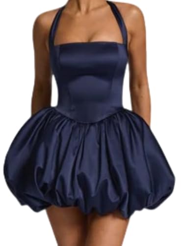Image of Women's Y2K Sexy Halter Corset Mini Dress Backless Corset Bubble Ruched Waist Club Party Dresses