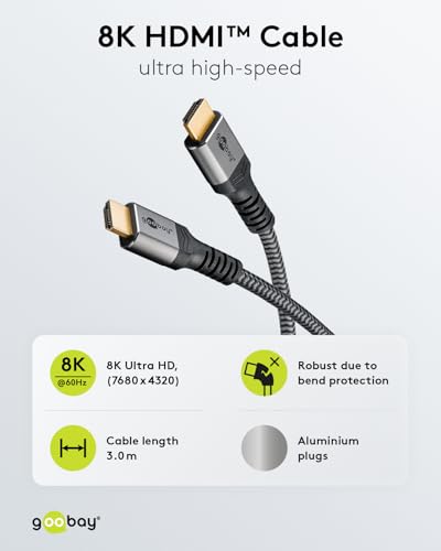 goobay High Speed 2.1 HDMI Kabel mit Ethernet - Vergoldete Stecker, Ultra HD Auflösungen bis zu 8KHz @ 60 & 4K @ 120Hz, HDMI Verlängerung für PS5, Xbox, Apple TV 4K, Fernseher Zubehör - 3m Grau 65262 – Bild 3