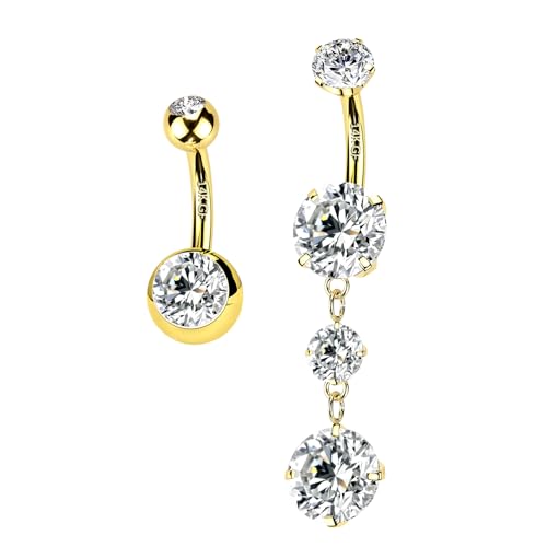 ALACLO 2pcs 14k Gold Filled Dangle Belly Button Rings 14G 12mm Threaded Barbell Belly Button Piercing Navel Ring Piercing Jewelry Round CZ