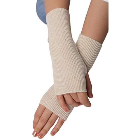 Prettystern Women Ribbed Knitted 100% Cashmere Fingerless Gloves Wrist-Warmers Cuffs Soft Warm Cream White Cover