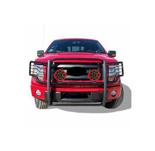 Image of Black Horse Grille Brush Bumper Guard Modular Black Come with Pair of 7.0 inch Dia.LED Lights with Red Trim Rings Compatible with 2011-2016 Ford F-250 /F-350 /F-450 /F-550 Super Duty-17FB26MA-PLR
