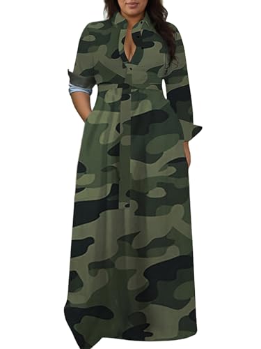 Plus Size Camo Maxi Dress for Women Stretchy V Neck Button Belt A-Line African Outfits with Pockets S-5XL