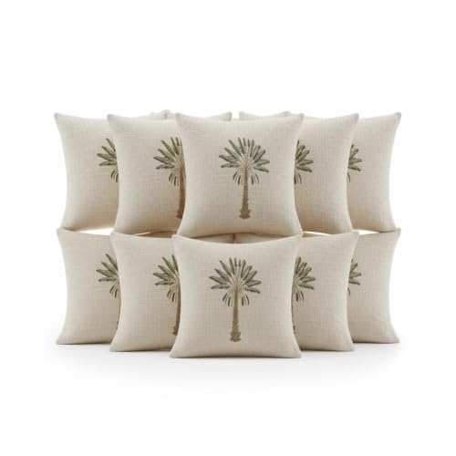 Image of Palm Tree Cotton Jute 10pcs Cushion Cover Set Decorative Throw Pillow Covers 40x40 cm, Beige Color (Pack of 10, 16x16 Inch)