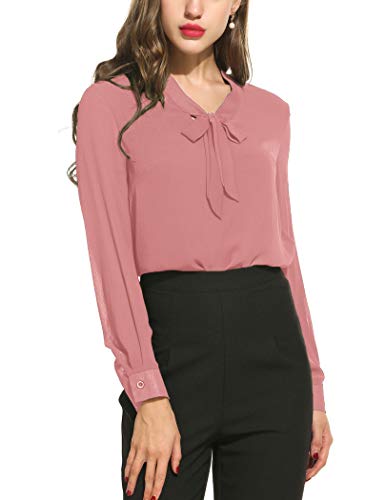 ACEVOG Elegant Blouses Womens Office Blouse Long Sleeve Formal Shirt,Dark Pink,XL
