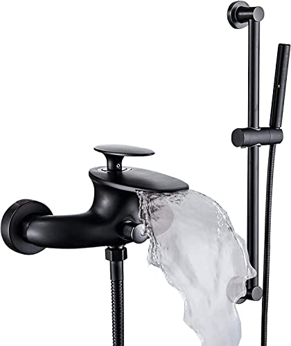 HCZKIUJY Grifo clásico de bañera Negro con Cascada, Grifo de latón para Montaje en Pared, Grifo de bañera de Alto caudal, Mezclador Monomando con Dos configuraciones, Ducha de Mano y Barra