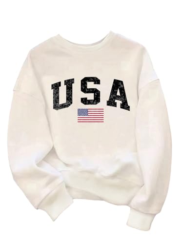 Verdusa Girl's American Flag Letter Graphic Sweatshirt Long Sleeve Drop Shoulder Loose Pullovers