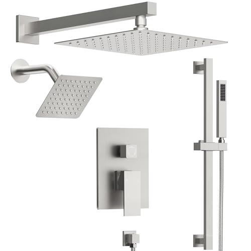Image of 10 inch High-Pressure Rainfall Shower Faucet with Handheld Spray, Wall Mount Dual Shower Head System with Slide Bar (Brushed Nickel)