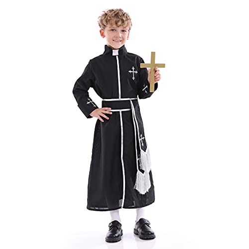 Funivals Priest Costume Kids For Halloween Party, Biblical Outfit With Belt Boys，Child’s Bible Dress Up, Clergyman Minister Set Boy(S) #TOP2