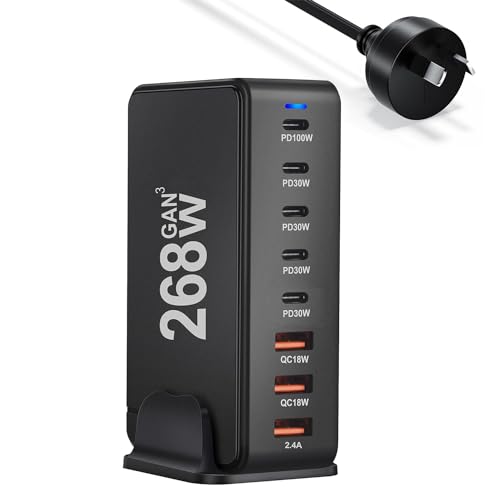 FOHOA 268W USB C Charger, 8-Port Fast USB Charging Station with 5 USB-C + 3 USB-A, Portable Multiport Wall Charger for iPhone 15-12 Series, iPad Pro, MacBook, Galaxy, Pixel, Switch, and More