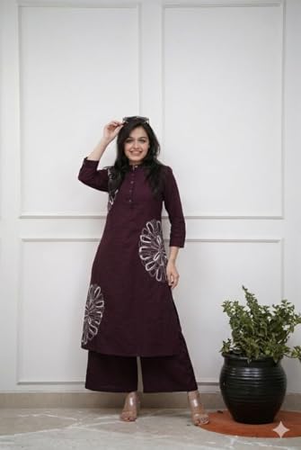 Image of GoSriKi Cotton Blend Embroidered A-Line Kurta with Palazzo for Women | Cotton Blend Orange | 3 /4 Sleeve | Mandarin Collar | Ethnic Wear Casual Wear