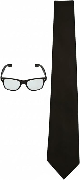 Men's Plain Black Tie & Clear Glasses. Perfect For Funerals, Weddings, Interviews, Formal Business Attire, Fancy party.
