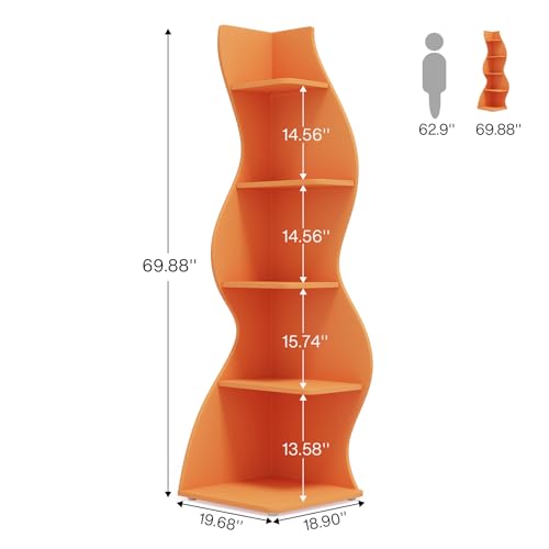 Image of Tribesigns Corner Shelf, Modern 5-Tier Wall Corner Bookshelf, Stylish Corner Small Bookcase Storage Rack Plant Stand with Unique Shape for Living Room, Home Office (Orange, 2PCS)