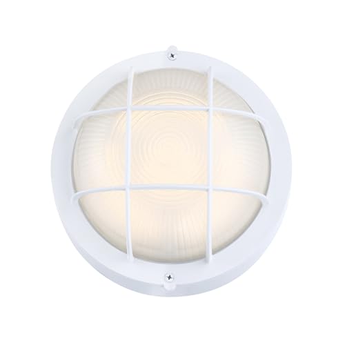 Image of GRUENLICH Outdoor Bulkhead Light, LED Round Wall Sconce, Rustproof, White | 8 inch Dimmable Wall Light for Porch, Garage, Walkway, Nautical, 15W 1500 Lumen, Aluminum, Glass, Waterproof, 3000K, 1 Pack