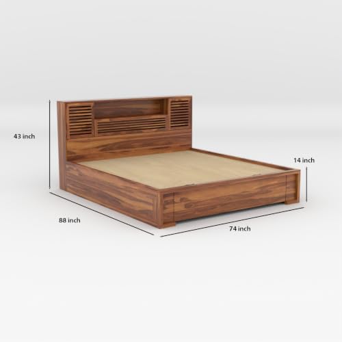 Image of Kunjal Furniture Sheesham Wood Solid Double Bed with Hydraulic Storage & Cushioned Headboard for Bedroom (Flyding Natural, King)