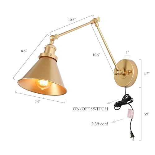 Image of LALUZ Gold Wall Sconces Lighting 2 Pack, Modern Swing Arm Plug-in or Hardwired Adjustable Wall Lamp with Brass Finish for Bedroom, Kitchen, and Living Room