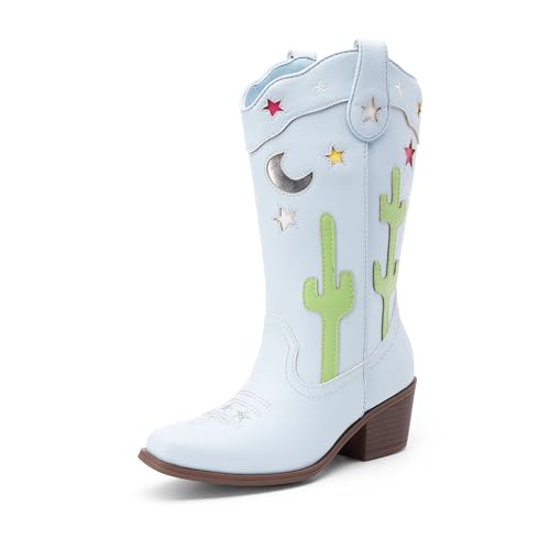DREAM PAIRS Girls Cowboy Boots Cowgirl Mid Calf Western Boots with Low Heel Square Toe for Little Kid/Big Kid 10 Toddler Light Blue