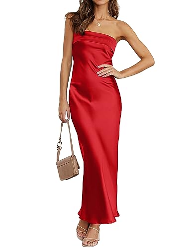 MEROKEETY Women 2025 Summer Strapless Satin Tube Bodycon Backless Wedding Guest Maxi Dress, Red, S