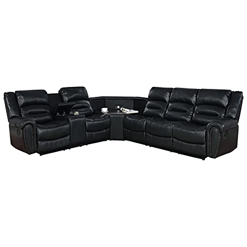 NHI Express Comfortable Family Living Room Bedroom Home Theater Seating Classic PU Leather Recliner Sofa Set with Wedge Wood Table Cup Holder Storage Footrest, Jet Black