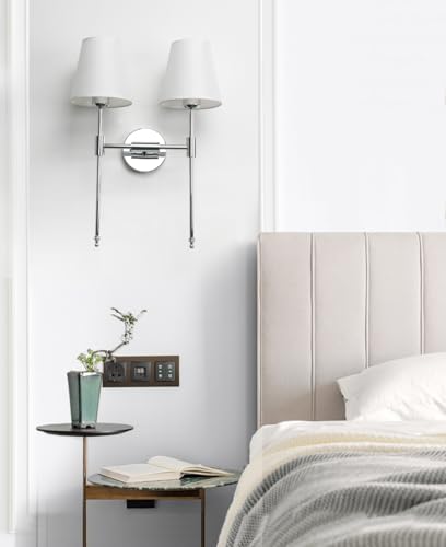 Image of PERMO Classic Double Sconce Chrome 2 Lights Wall Sconce Rustic Wall Mount Lighting Fixture with Flared White Textile Lamp Shade