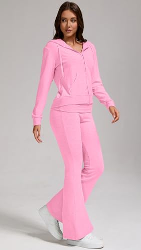 Women's 2-Piece Lounge Outfit-Lightweight Zip-Up Hoodie with Pockets & Low Rise Flare Leggings Yoga Sweatsuit Set4