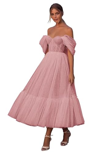 Eighale Tulle Dotted Tea Length Prom Dresses Off The Shoulder A-Line Formal Evening Party Gown