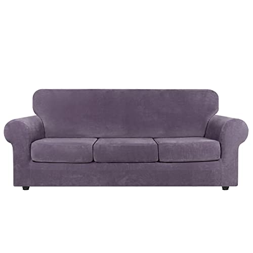 Asnomy Couch Covers for 3 Cushion Couch Sofa Loveseat Cover Velvet Stretch Slipcovers for Dogs Cats,3 Seat Cushion Furniture Protector Machine Washable（Large，Purple）