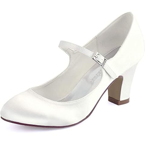 Elegantpark HC1801 Women Wedding Shoes for Bride Closed Toe Mary Jane Bridal Shoes Block Heel Buckle Satin Wedding Court Shoes Ivory UK 6(EU 39) Cover