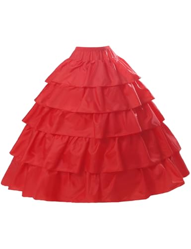 BEAUTELICATE Damen Reifrock Brautkleid Lang A-Linie Petticoat Rockabilly Barock Kleid Unterröcke Krinoline 4 Ringe mit Rüschen fur Hochzeit Karneval Halloween (Rot, L-XL)