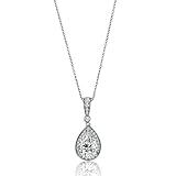 BERRICLE Sterling Silver Halo Pear Cut Cubic Zirconia CZ Anniversary Pendant Necklace for Women, Rhodium Plated 16 inch