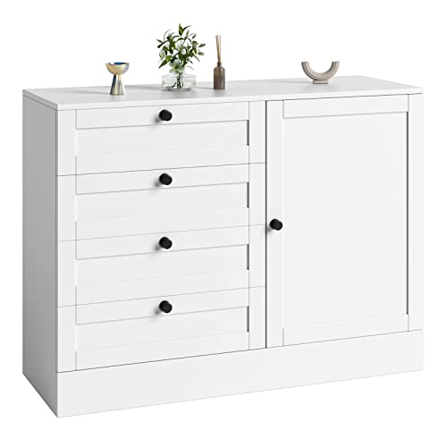 HOSTACK 4 Drawer Dresser with Door, Wide Chest of Drawers Closet Organizers, Modern Storage Cabinet for Bedroom, Living Room, Kitchen, White, 43.3" L x 15.7" D x 31.9" H