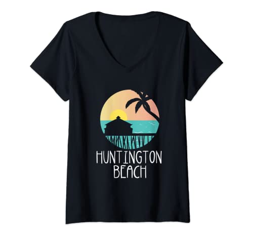 Womens Huntington Beach Sunset Surfing Palm Seaside City V-Neck T-Shirt
