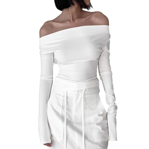 EMOTTOS Tops de Encaje Sexy para Mujer, Crop Top de Manga Larga con Escote Swing, Camisa Larga con Encaje sin Hombros, Camiseta Y2K (Negro/Blanco, S-XL)