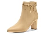 Coutgo Womens Pointed Toe Ankle Boots Chunky Block Heel Tie Knot Side Zipper Dressy Booties, Khaki, Size 8.5