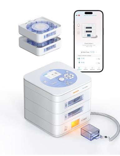 28-Day Automatic Pill Dispenser (1X Daily 2-Tray) with App & On-Device Setup LCD Display Digital Lock Sound & Light Alerts Smart Medication Organizer for Seniors & Caregivers (White)