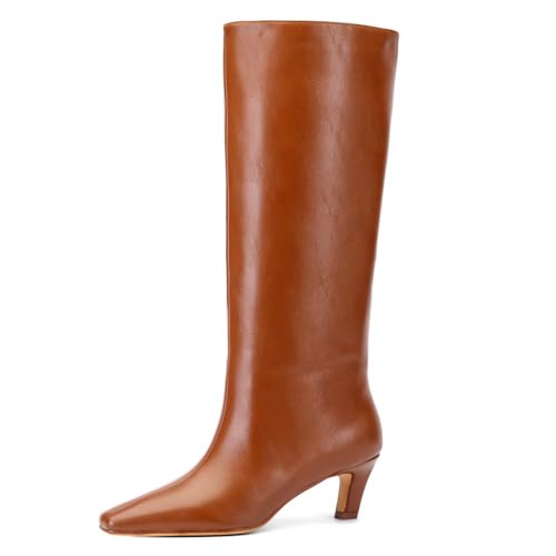 Knee High Boots Women Square Toe Kitten Heel Tall Synthetic Leather Fashion Long Slip On Wide Calf Boots Low Heel Suitable For Party Date Work Jeans Dress Shoes