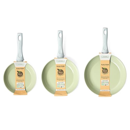 Salter COMBO-7529 Earth Frying Pan Set – 3 Piece Healthy Ceramic Non-Stick Coating, PFAS-Free Induction Cookware, Aluminium Cooking Skillets, Easy Clean, PFOA/PTFE-Free, Stay Cool Handle, 20/24/28cm