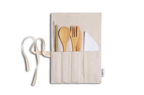 Set Cubiertos de Bambú | Viaje y Camping | Pajita, Tenedor, Cuchillo, Cuchara, Servilleta de algodón y Estuche | Ecológico | Para Oficina y...