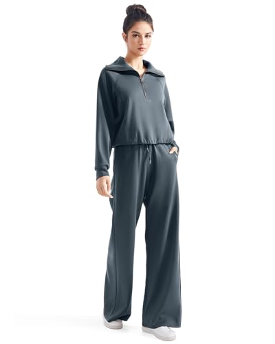 SUUKSESS Women 2 Piece Lounge Matching Set Wide Leg Sweatpant Half Zip Sweatshirt4