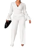 Rooscier Women's 2 Piece Outfits Wrap V Neck Flounce Long Sleeve Top Pants Blazer Sets Solid White Medium