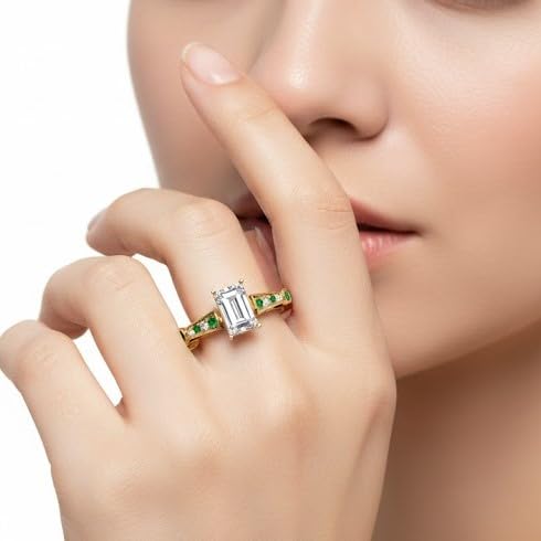 Image of 55Carat Choose Your Gemstone Tapered Vintage Engagement Ring Yellow Gold Plated Emerald Shape Vintage Engagement Rings Everyday Jewelry Wedding Jewelry Handmade Gifts for Wife US Size 4 to 12