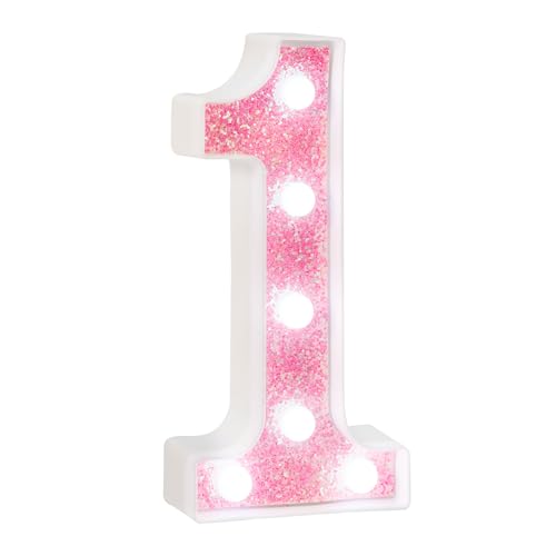 EUFONY Pink Marquee Light Up Numbers, Glitter LED Number Lights Battery Powered for Girls 1st 11th Birthday Party Table Decorations, Wall Decor for Girls Room, Pink Number 1 Sign w/Cool White Lights