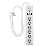 GE 6-Outlet Surge Protector, 4 Ft Extension Cord, Power Strip, 800 Joules, Flat Plug, Twist-to-Close Safety Covers, Protected Indicator Light, UL Listed, White, 33658