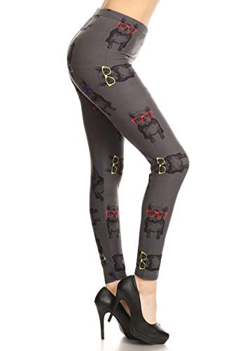Leggings Depot High Waisted Checkered & Animal Print Leggings for Women-Full Length-R718, Hipster Frenchie, One Size