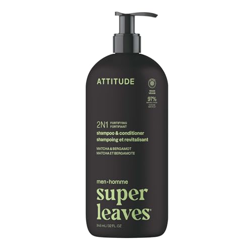 Image of ATTITUDE Men's Shampoo and Conditioner 2-in-1, Fortifying For Fragile Hair, With Caffeine and Green Tea, 97% Natural Origin Ingredients, EWG Verified, Matcha & Bergamot, 32 Fl Oz