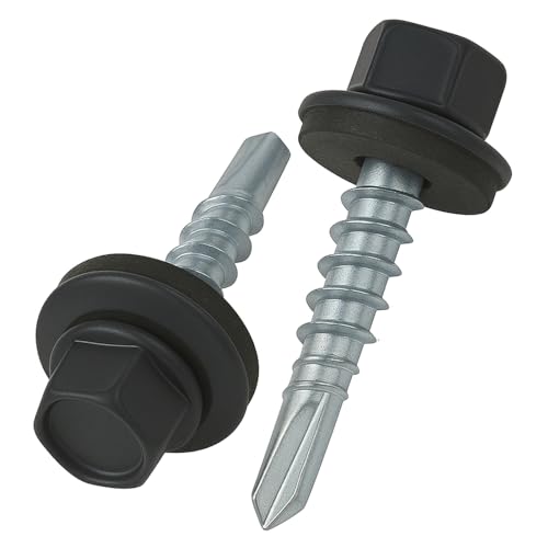 4.8 mm x 35 mm Vis de toiture, tête hexagonale autoperceuse colorée (RAL 7016 Gris anthracite) vis de toit avec rondelle scellée en EPDM, vis à gros filets...