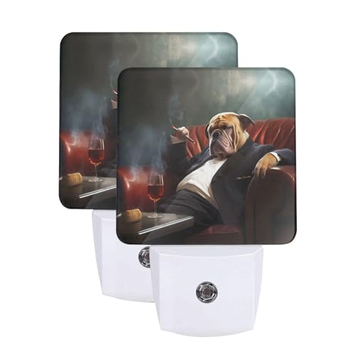 Image of Funny Puppy Dog Night Light Set of 2, Hipster Bulldog Auto Sensor LED Dusk-to-Dawn Nightlights, Plug-in Sensor Lamp for Bedroom Bathroom Kitchen Hallway Stairs Decorative
