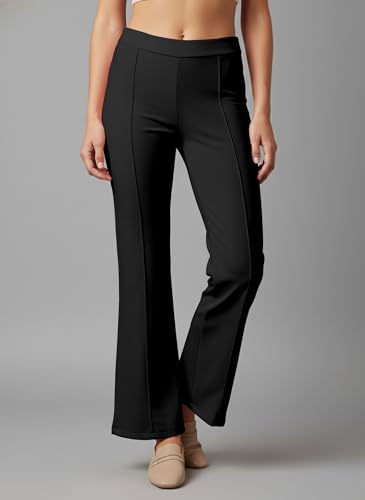 Image of Mehrang Cotton Blend Bootcut Parallel Trouser Pants for Women Regular Fit, Bellbottom Straight Pants for Womens